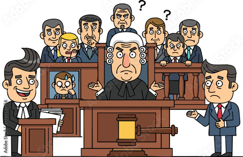 Cartoon Courtroom Scene Judge, Lawyers, and Confused Jury