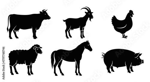 Set of Six Farm Animals Silhouettes Black Illustrations Isolated on White Background Including Cow Goat Chicken Sheep Horse Pig for Agriculture and Livestock Designs