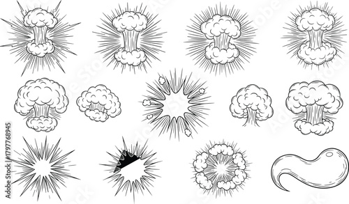 Comic book explosion set, bomb blasts, mushroom clouds, vector line art elements.