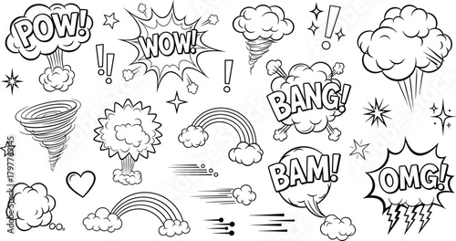 Comic sound effects, speech bubbles, rainbows, tornado, pop art vector elements set.