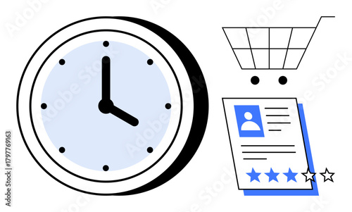 Clock denoting time alongside a shopping cart and customer review sheet with star ratings highlighting priority setting, decision-making, e-commerce strategies, and consumer feedback. Ideal