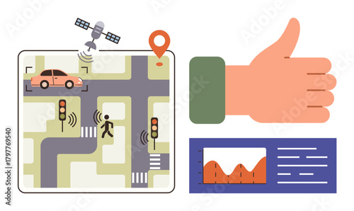 GPS satellite guiding autonomous car and pedestrian at crossroads with sensors, thumbs-up approval, and traffic analysis graph. Ideal for transportation, smart city, technology, mobility, safety
