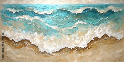 Textured abstract ocean waves crashing onto a sandy beach with thick impasto paint