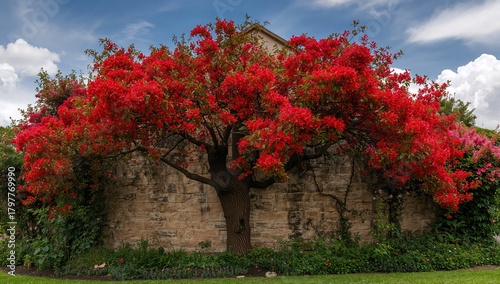 Tree adorned with vibrant red blossoms beside a building, urban density