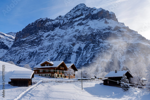 Panorama of Grindelwald in winter, Switzerland.