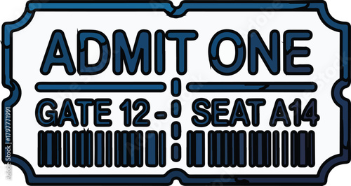 Admission ticket vector with barcode and text for event entry isolated on a transparent background.
