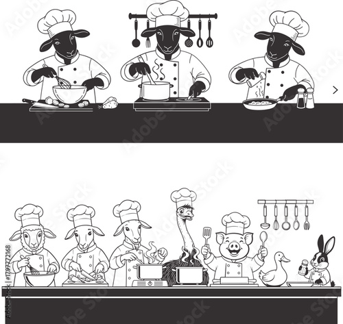 Funny cartoon animal chefs cooking illustration with sheep goat pig giraffe duck and rabbit in kitchen, black and white vector art of farm animals preparing food for restaurant menu concept culinary d