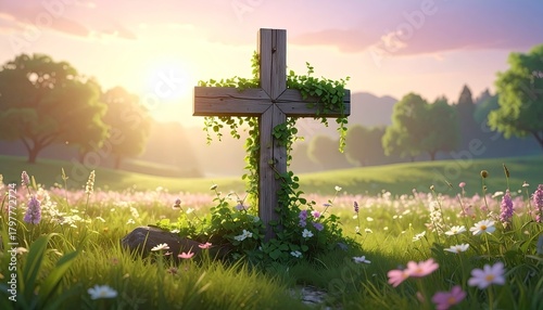 Fototapeta Naklejka Na Ścianę i Meble -  Rustic wooden cross adorned with green ivy stands tall in a sunlit meadow filled with colorful wildflowers during golden hour with trees in the background