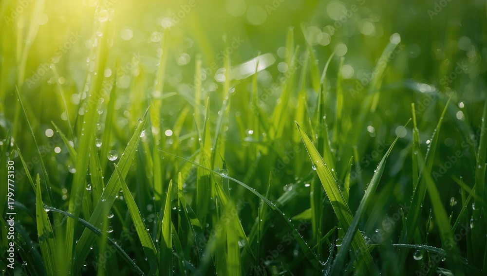 Obraz premium Lush green grass in a meadow with morning dew glistening in sunlight, representing freshness and purity of nature