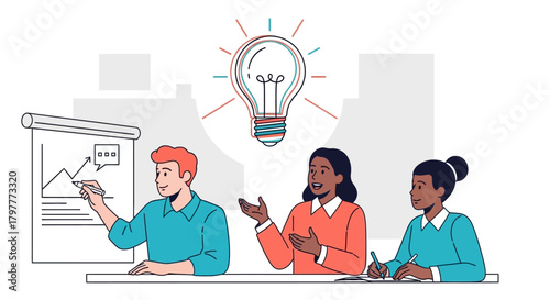 Three diverse business people brainstorming and presenting ideas in a meeting with a large lightbulb icon symbolizing innovation.