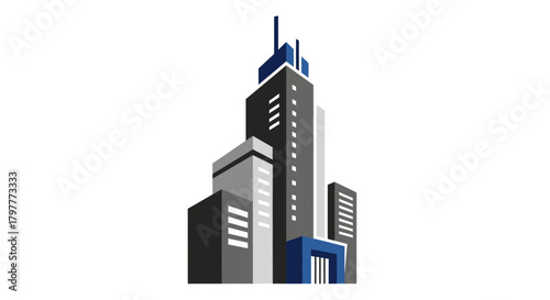 Modern architectural illustration featuring a cluster of tall buildings with blue and grey facades against a white background.