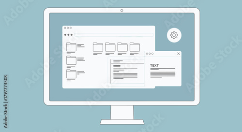 A clean, minimalist illustration of a computer monitor displaying a file explorer window with folders and documents.