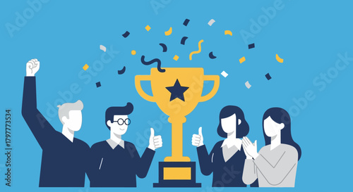 Vector illustration of a successful team celebrating a victory around a giant golden trophy with confetti.