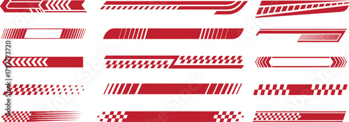 Red racing stripe decals set with geometric lines and checkered patterns, high-speed automotive graphic elements for cars, motorcycles, and sport vehicle customization.