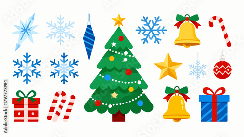 A collection of Christmas decorations, featuring cartoon hand-drawn vector illustrations, Christmas trees, bells, gifts, Christmas stockings, reindeer, Santa hats, snowflakes, five-pointed stars, and 