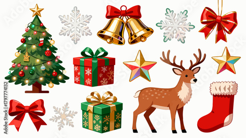 A collection of Christmas decorations, featuring cartoon hand-drawn vector illustrations, Christmas trees, bells, gifts, Christmas stockings, reindeer, Santa hats, snowflakes, five-pointed stars, and 