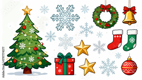 A collection of Christmas decorations, featuring cartoon hand-drawn vector illustrations, Christmas trees, bells, gifts, Christmas stockings, reindeer, Santa hats, snowflakes, five-pointed stars, and 