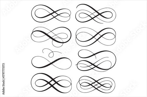 A collection of elegant black infinity symbols arranged on a white background