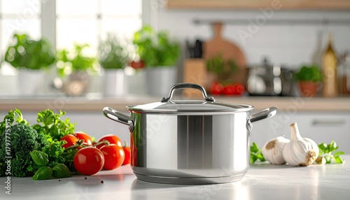 Fototapeta Naklejka Na Ścianę i Meble -  Stainless Steel Cooking Pot Filled with Fresh Ingredients on a Marble Countertop in a Bright Kitchen with Herbs and Vegetables