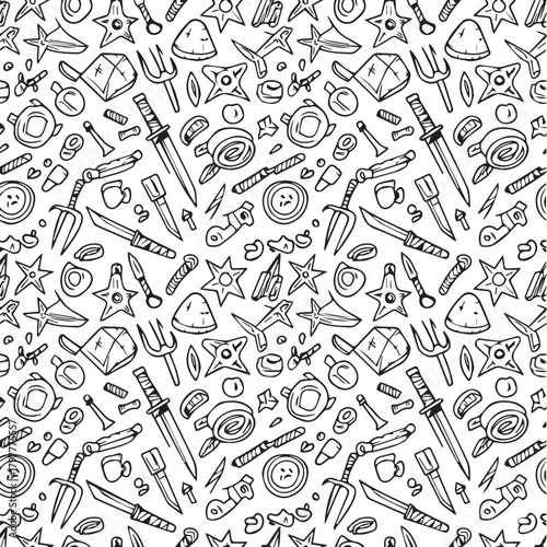A seamless pattern of hand-drawn ninja weapons, tools, and symbols in a doodle art style.