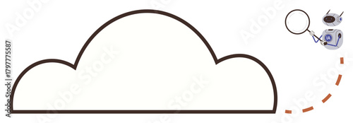 Cloud outline connected to a robotic figure analyzing with magnifying glass. Ideal for technology, cloud computing, data analysis, cybersecurity, automation, artificial intelligence, innovation