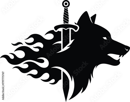 Flaming wolf head with sharp blade theme for fierce wild spirit graphic design Vector silhouette