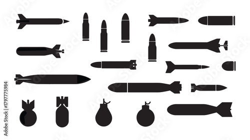 Set of black silhouette bombs and bullets vector illustration of military ammunition isolated on white background