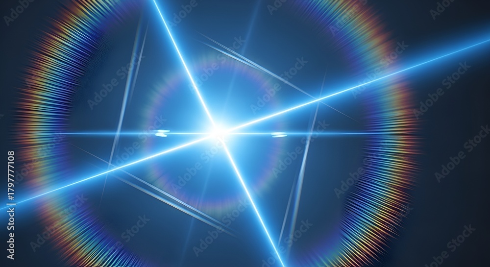 Fototapeta premium Abstract light art featuring bright blue rays intersecting with a prismatic, colorful ring,