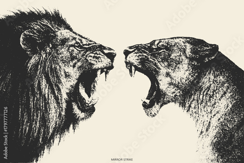 Vintage xerography engraving poster of a roaring lion and lioness facing each other, high-contrast dramatic wildlife illustration on a neutral background.