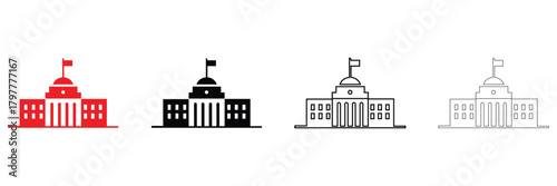 parliament govt building, government building with flag vector icon silhouette and line art