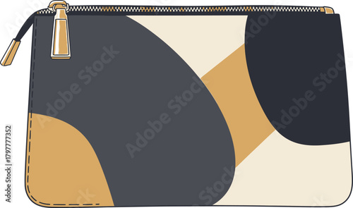 cosmetic bag, flat lay, zipper, pattern, gray, tan, beige, shapes, white background, accessory, fashion, style, design, modern, abstract, geometric, pouch, makeup, beauty, travel, organization, storag