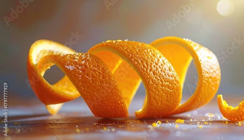 Twisted Orange Peel With Sugar Crystals And Sunlight Reflected On A Wooden Table Surface With A Blurred Background