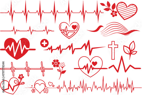 Collection of red heartbeats and electrocardiogram lines