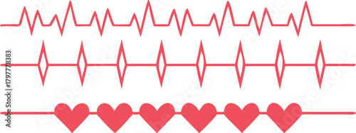 Three rows of red heartbeats and heart symbols on a white background