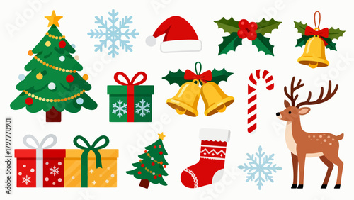 A collection of Christmas decorations, featuring cartoon hand-drawn vector illustrations, Christmas trees, bells, gifts, Christmas stockings, reindeer, Santa hats, snowflakes, five-pointed stars, and 