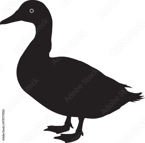 A striking black silhouette of a standing duck with its head turned to the left against a clean white background