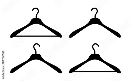Hanger wardrobe icons. Set of cloakroom black silhouette pictogram. Clothes rack, service symbol. Dry cleaning pattern, clothing store signs collection.