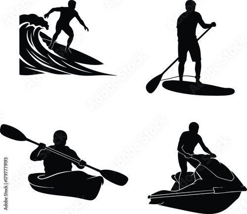 Collection of silhouettes of people enjoying water sports on white background