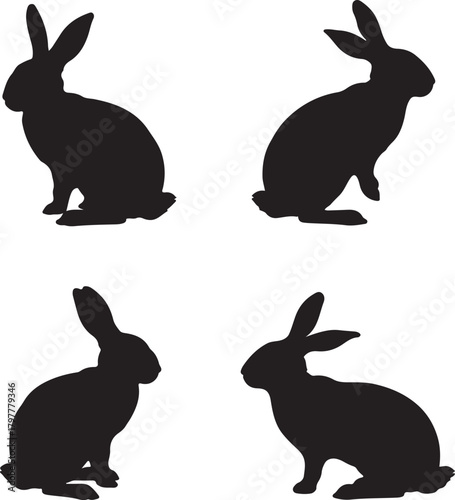 Four distinct black silhouette illustrations of rabbits in various sitting and alert poses against a clean white background