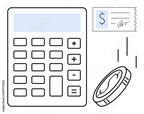 Calculator, receipt with dollar sign and signature, and falling coin visualizing finance, accounting, budgeting, savings, expense tracking, tax calculations and investment planning. Simple flat