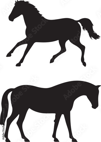 Two black silhouette horses one standing still and one in motion on a white background