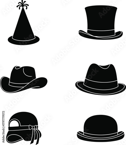 Collection of six silhouette style hats for various occasions and styles