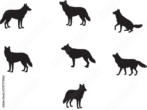 Collection of seven black silhouette icons of german shepherd dogs in various standing and walking poses on a white background