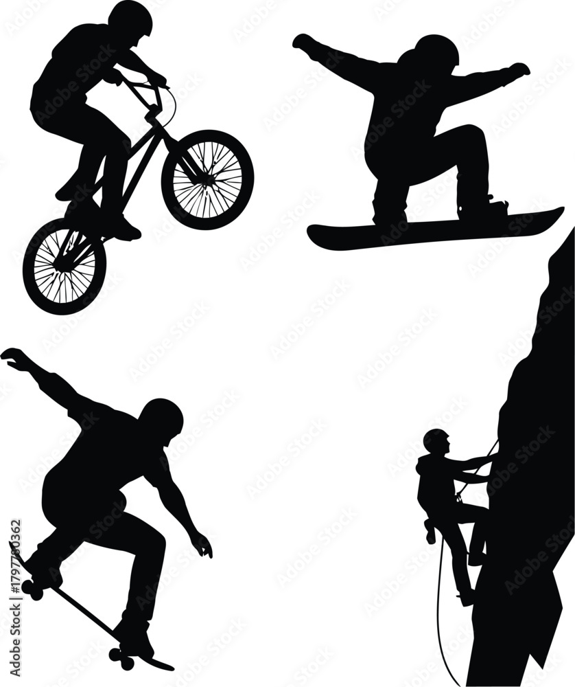 Fototapeta premium Dynamic silhouettes of extreme sports athletes in action