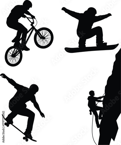 Dynamic silhouettes of extreme sports athletes in action