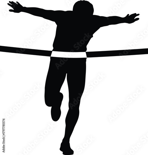 Silhouette of a runner crossing the finish line with arms outstretched in victory