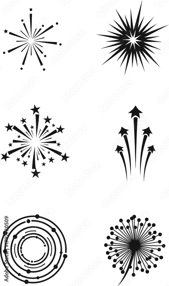 Obraz premium Collection of six stylized black and white fireworks illustrations for celebrations