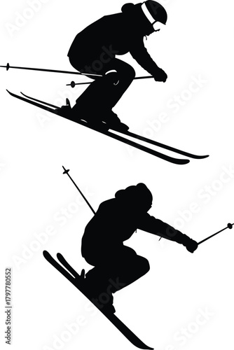 Two silhouette skiers in action on a white background