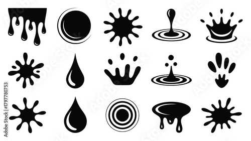 Unique black decorative elements for modern design projects, from drips to splashes offering elegant and simple artistic flair for creative endeavors