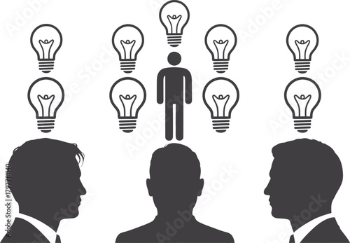 Brainstorming session with light bulb ideas silhouette vector illustration representing innovation creativity and teamwork